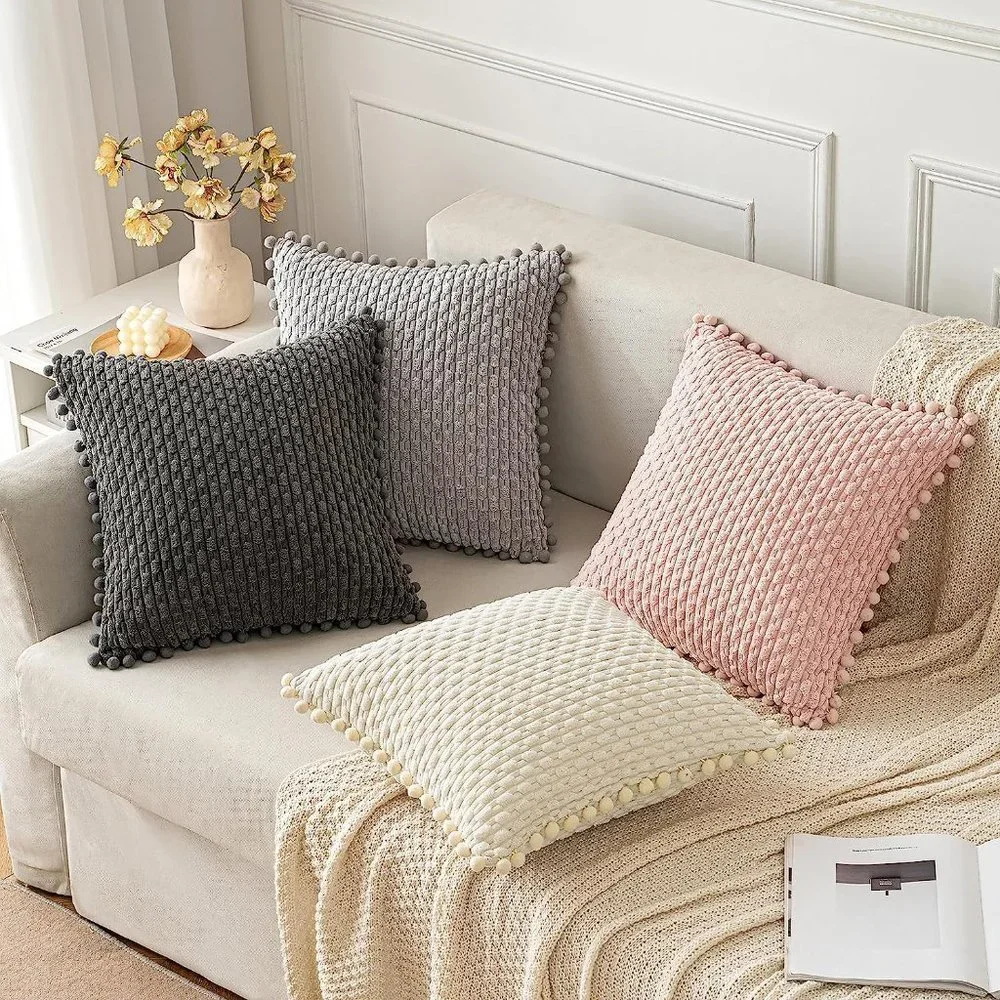 Pompom Tan Stripe Texture Corduroy Farmhouse Cute Luxury Soft Pillow Cover Set - Picture 7 of 7